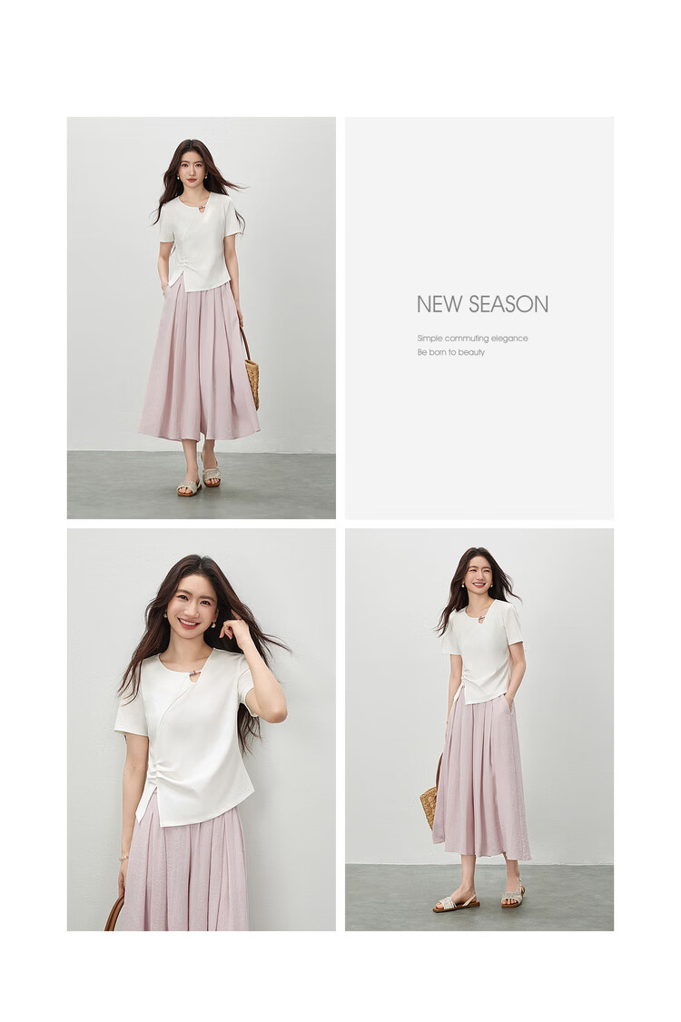 Shangdu Bila Cool Feeling Lyocell Cotton Women's T-Shirt Spring Summer Hollow Beaded Round Neck Elegant Top Curved Split Pleats Women's Wear 17