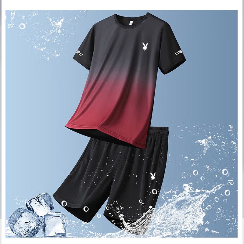 PLAYBOY Men's Summer Casual Cooling Breathable Quick-Dry Short Sleeve and Shorts Sports Two-Piece Set Black Gray XL 7
