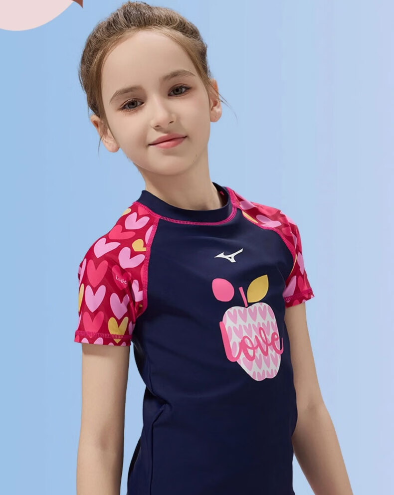 MIZUNO Kids Girls Quick-Dry Two-Piece Short Sleeve Swimwear Set with Trunks for Hot Springs GB430 Navy Red Size 120 15