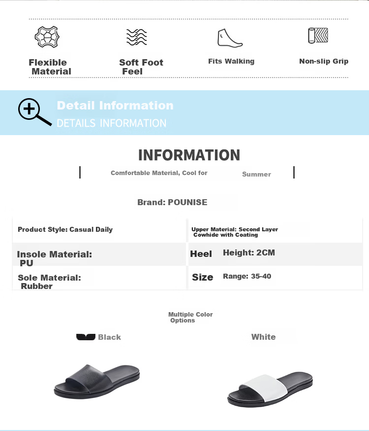 Pounise Women's Fashion Versatile Simple Outdoor Slippers Korean Style Lightweight Comfortable One-strap Sandals PCD-KA002 White Size 40/250(1.5) 2