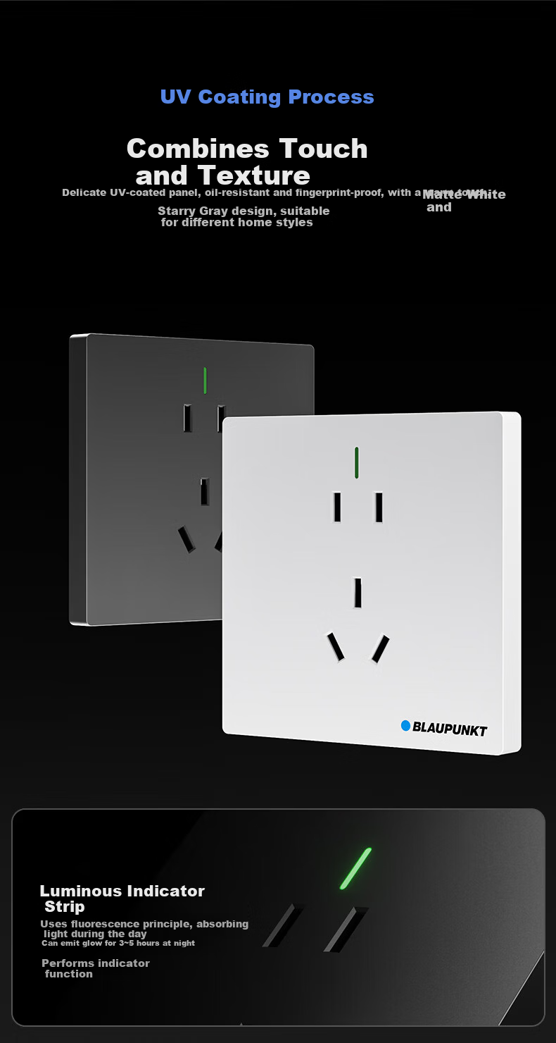 BLAUPUNKT Waterproof Socket New National Standard 86 Type Panel Surface and Concealed Mount 10A Five-Hole Wall Outlet Bathroom Waterproof Outdoor Sunproof Rainproof 13