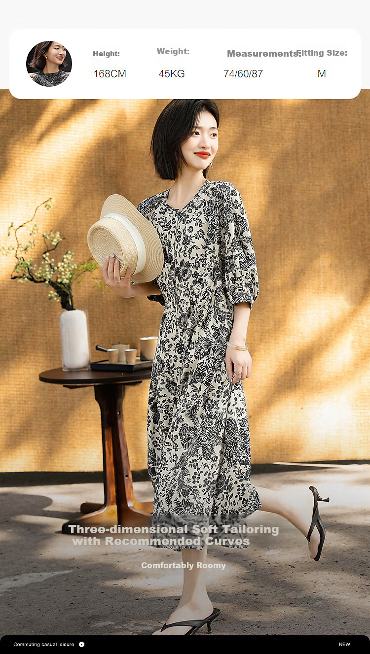 Demana Vintage Aesthetic Summer Urban Commuter Round Neck Printed Mid-Sleeve Satin Slim Fit Dress for Women High-End Feel 6