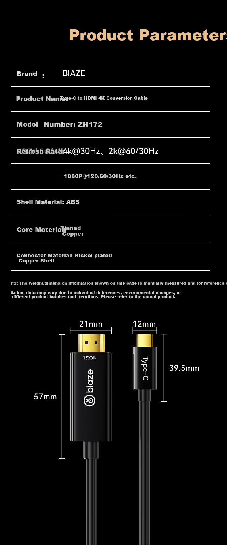 BIAZE Type-C to HDMI Adapter Cable for Apple 16/17 Pro, Huawei P60, USB-C to HDMI 4K 1.5m Screen Casting Cable 12