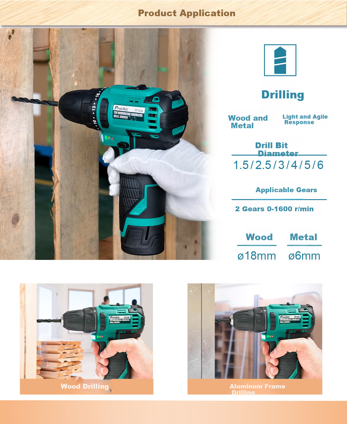 Pro'sKit 12V Cordless Brushless Electric Drill Screwdriver Impact Drill PT-1216G 9