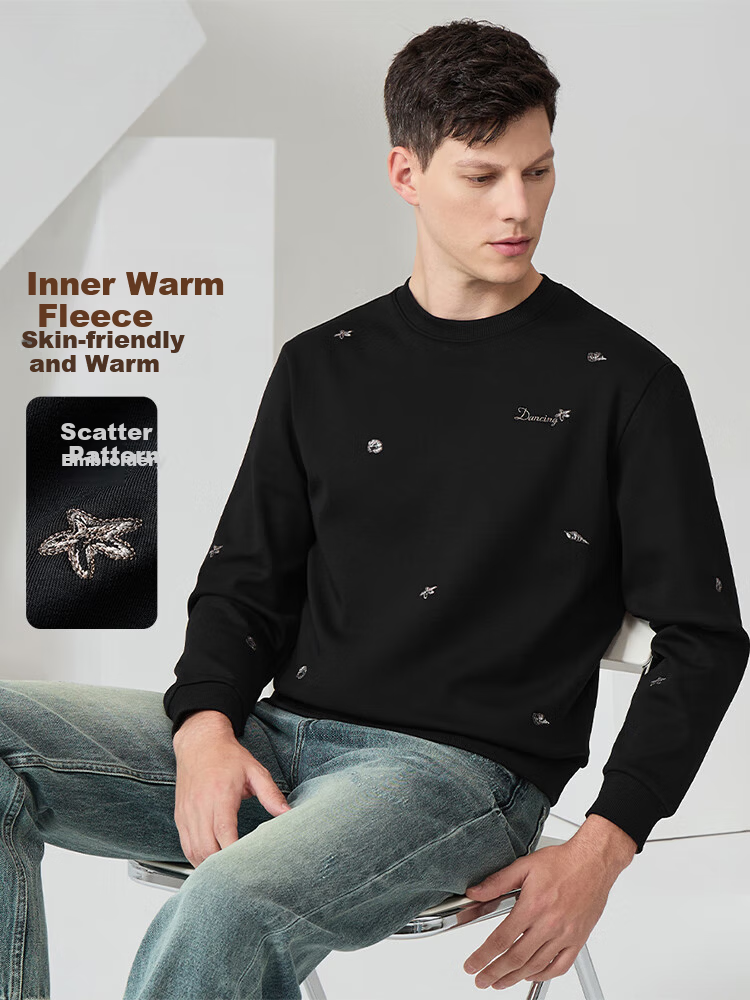 Dancing with Wolves [Fleece Lined Warmth] Autumn Winter Embroidered Round Neck Thickened Men's Sweatshirt 001 Black 175 1