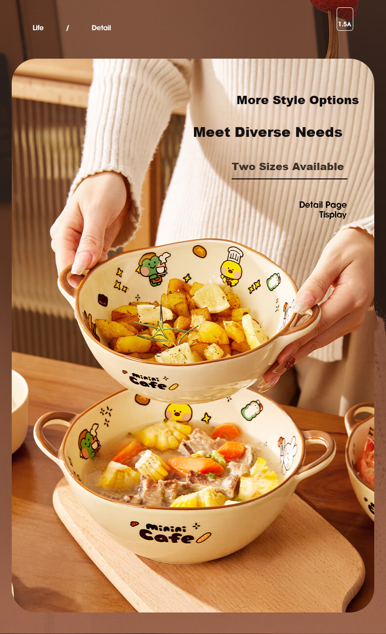 MANCHAOJIA LINE FRIENDS Ceramic Double-Handle Bowl Household Yogurt Salad Soup Bowl Deep Large Capacity 7 Inch 5