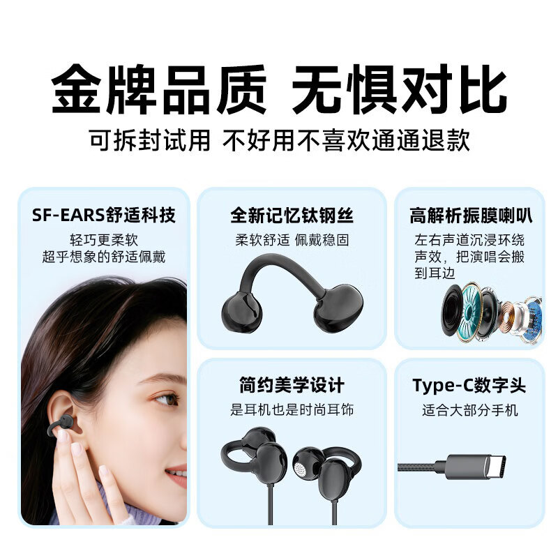 EZHK Wired Clip-On Type-C Earphones Noise Cancelling Non-In-Ear Earbuds Compatible with Apple Huawei Honor Xiaomi