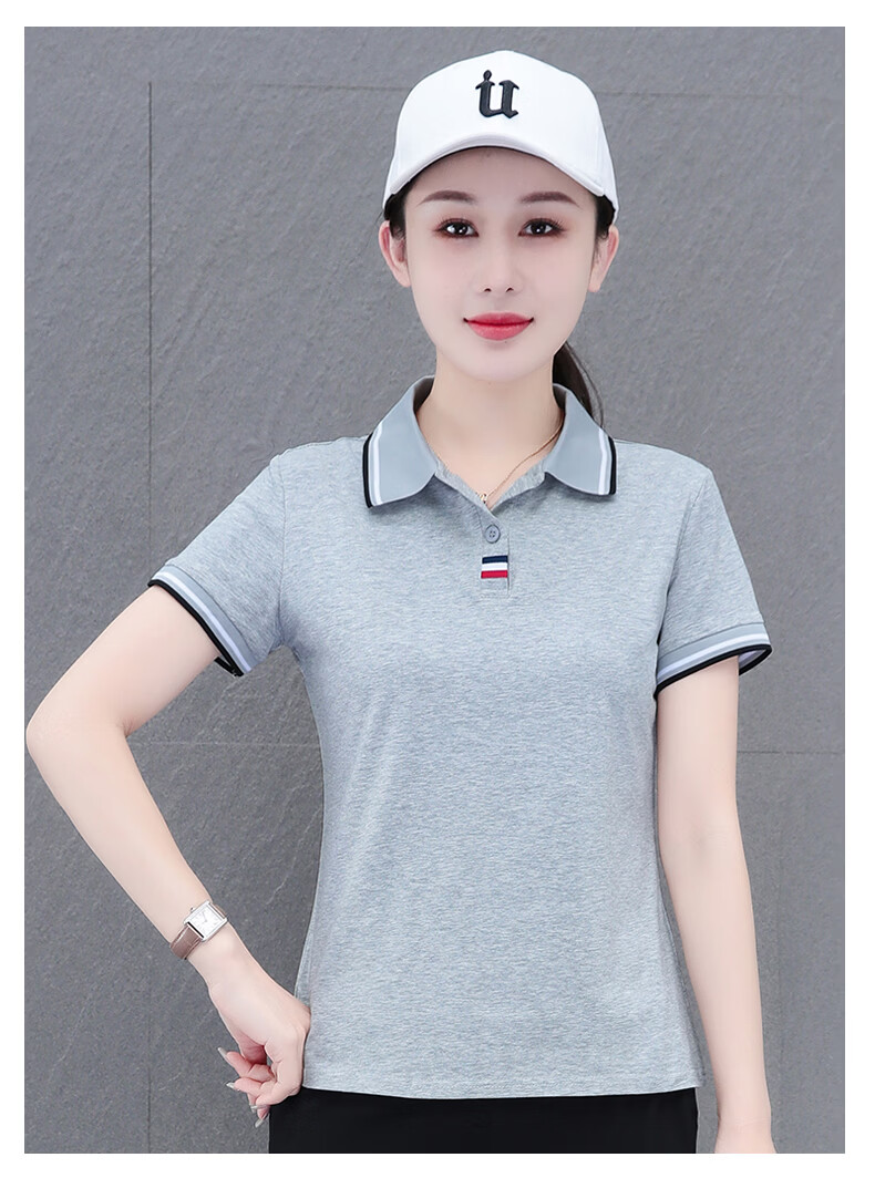 Woodpecker Women's Polo Shirt Short Sleeve T-Shirt Summer New Pure Cotton Regular Shoulder Turn-down Collar Casual Plus Size Slim Fit Top Gray M 19