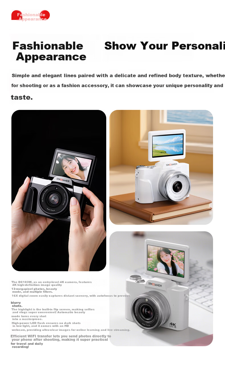 SONGDIAN Digital Camera 4K HD Video Flip Screen Selfie Vlog Entry-Level Campus HD Mirrorless Camera Photo Travel DC103W White 128GB Memory 4