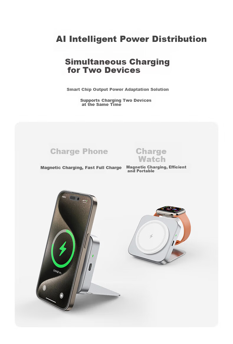ESCASE Wireless Charger 2-in-1 Foldable Magsafe Magnetic 15W Fast Charging for Apple Watch and iPhone 16 Pro Max Huawei Mate 70 Pro Glacier Gray 3