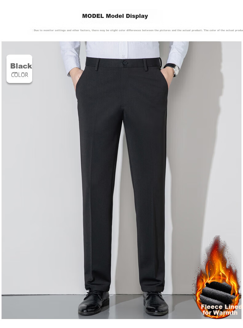 ROMON Fleece-Lined Thickened Wrinkle-Resistant Non-Iron Men's Stretch Work Pants Business Suit Straight-Leg Casual Pants for Dad 12