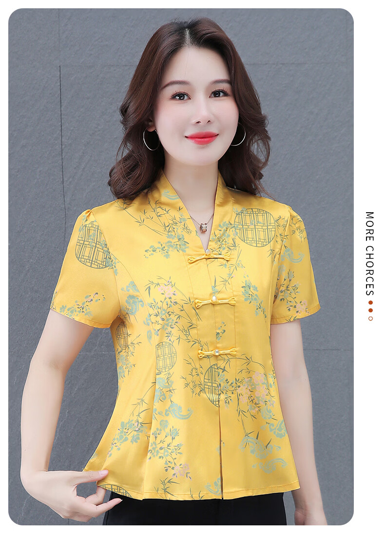 Woodpecker New Chinese Style Short Sleeve T-Shirt for Women Summer New Middle-aged and Elderly Mom Elegant National Style Slim Top Off-White L 13
