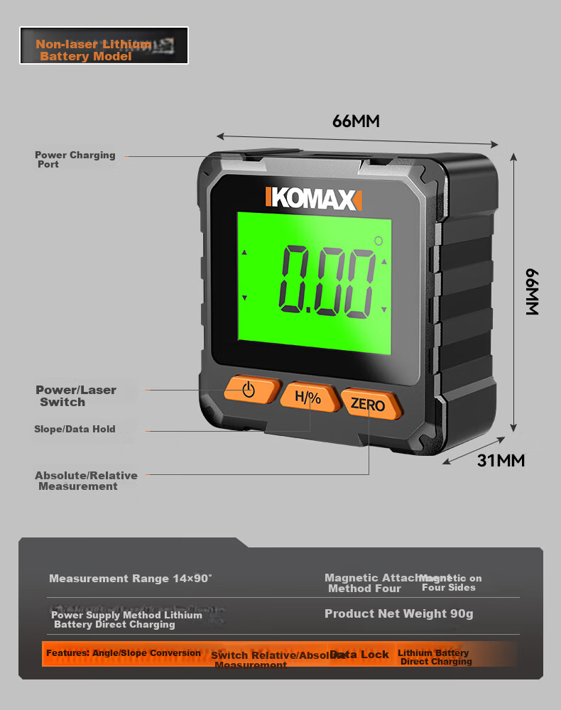 KOMAX High-Precision Digital Inclinometer Laser Level Small New Magnetic Angle Meter Multifunctional Slope Ruler 24