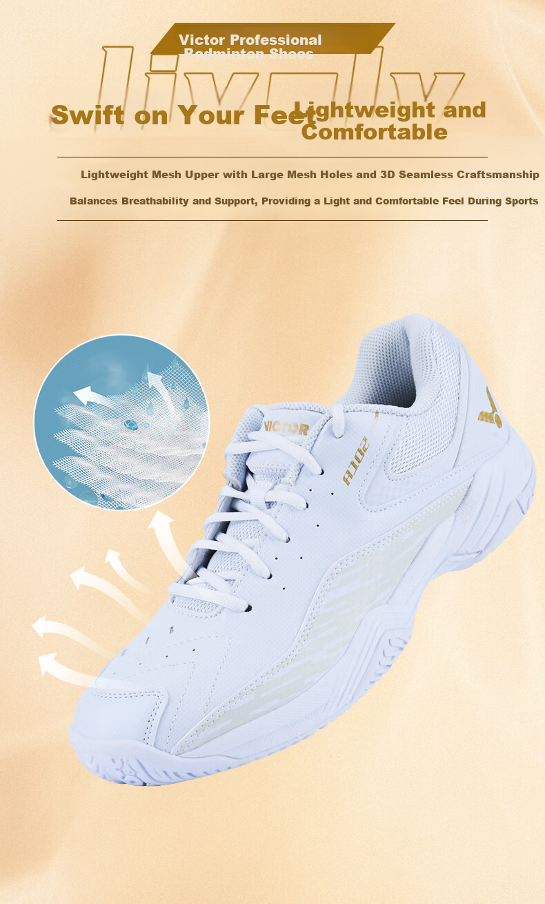 VICTOR Victory Badminton Shoes Unisex A102 High Elasticity Stable Sports Badminton Shoes White Gold Color Size 39 7