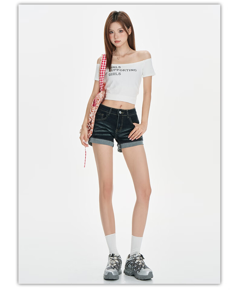Jeanswest Women's Denim Shorts 2026 Vintage Washed American Style Loose Low Waist Rolled Hem Hot Pants Black M 5