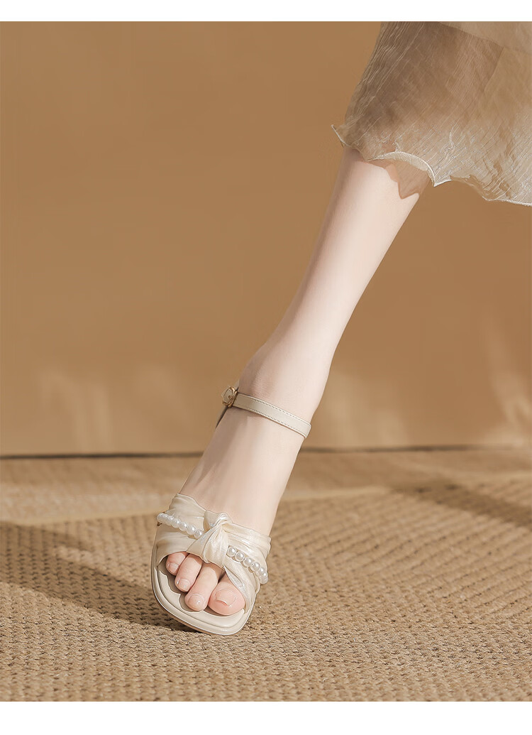 ZHR Women's Chunky Heel Sandals Summer 2026 New High Heels French Style Pearl Dress Shoes JF595 Beige Size 38 13