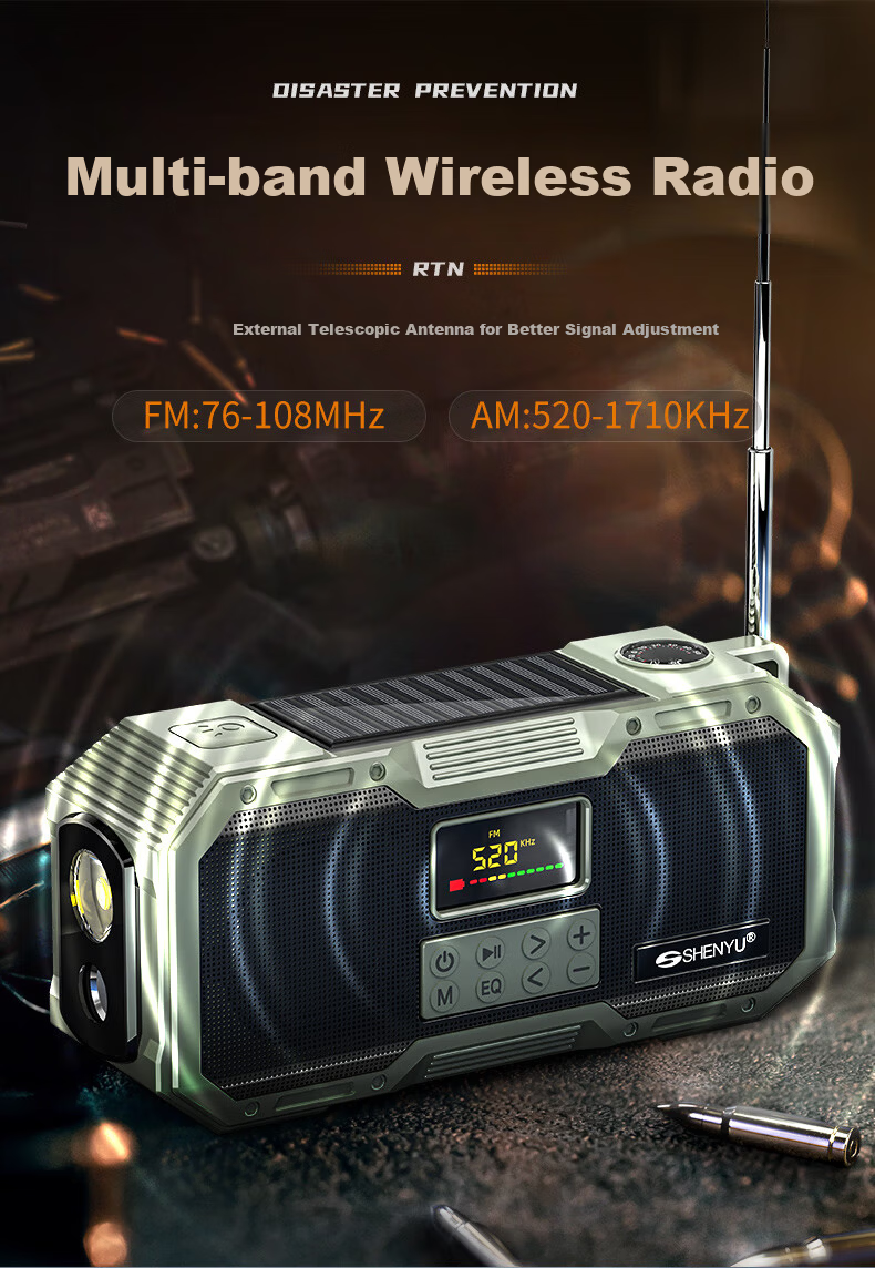 SHENYU Hand-Crank Generator Radio Full-Band High-Quality Sound Flashlight Multifunctional Solar Emergency Military Bluetooth 6