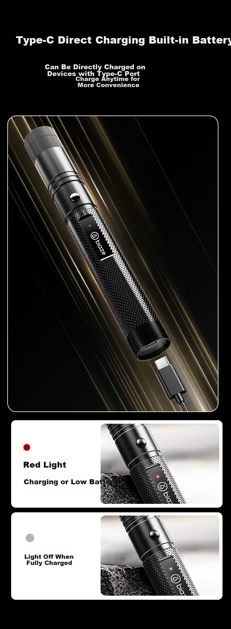 BIAZE Green Laser Pointer High Power Outdoor Long Battery Life Laser Flashlight Waterproof Type-C Rechargeable 6