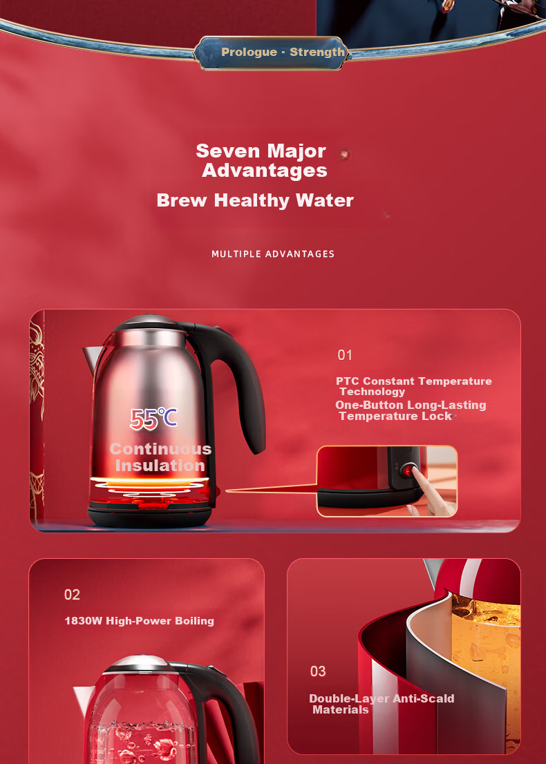 Grelide Electric Kettle, Constant Temperature, Wedding Home Use Water Boiler, 316 Stainless Steel Electric Kettle, Insulated Large Capacity 1.7L Boiling Water Pot, Double-Layer Anti-Scalding And Dry-Burning Prevention D1710K Red Wedding Celebratio 2