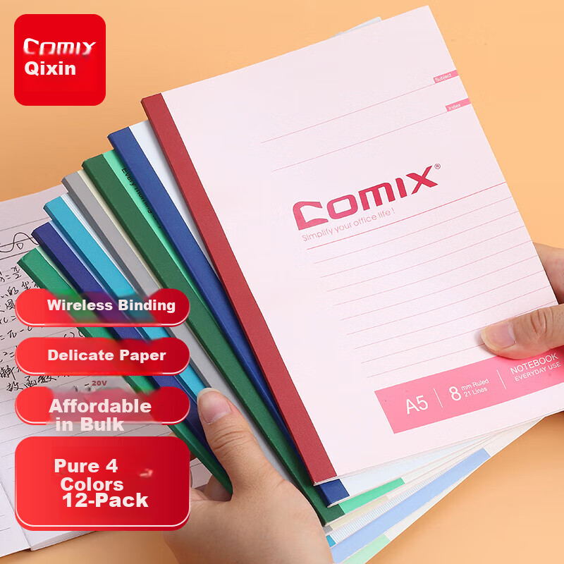 COMIX 12-Pack A5 40-Page Wireless Bound Softcover Notebook Office Work Journal Homework Student Stationery Assorted Colors C4503