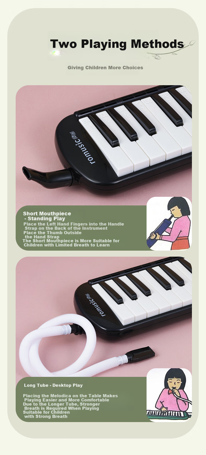 Romusic 37-Key Melodica for Elementary School Students, Black, Beginner Wind Keyboard Instrument for Children 6