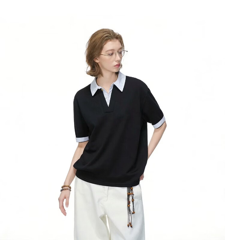 ICH MODE Intellectual High IQ Fake Two-Piece Striped Short Sleeve Polo Shirt Women Summer Couple T-Shirt Black M 8