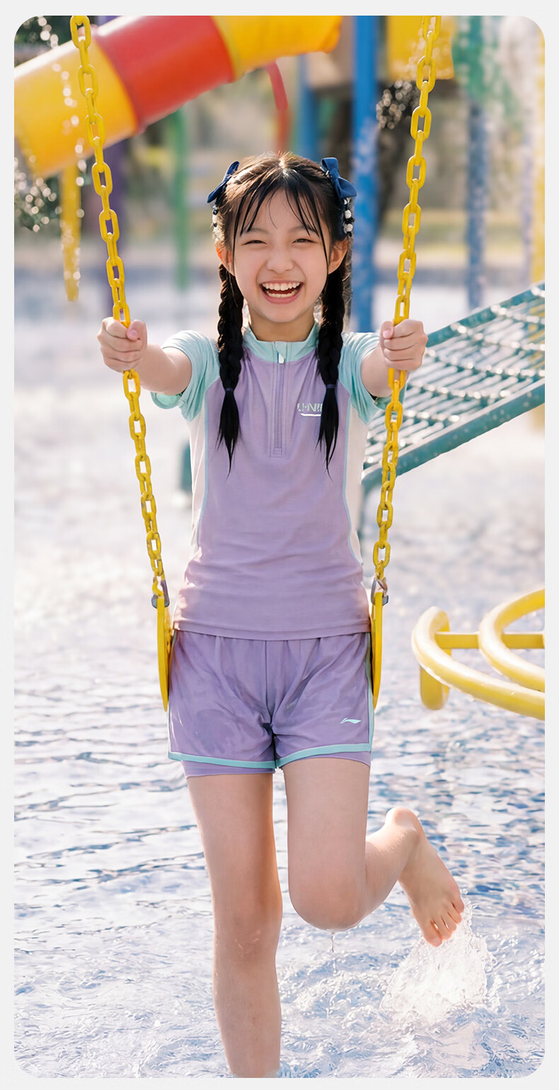 LI-NING Kids Girls Two-Piece Short Sleeve Breathable Youth Swimwear 1431 Blue Purple Size 140 9