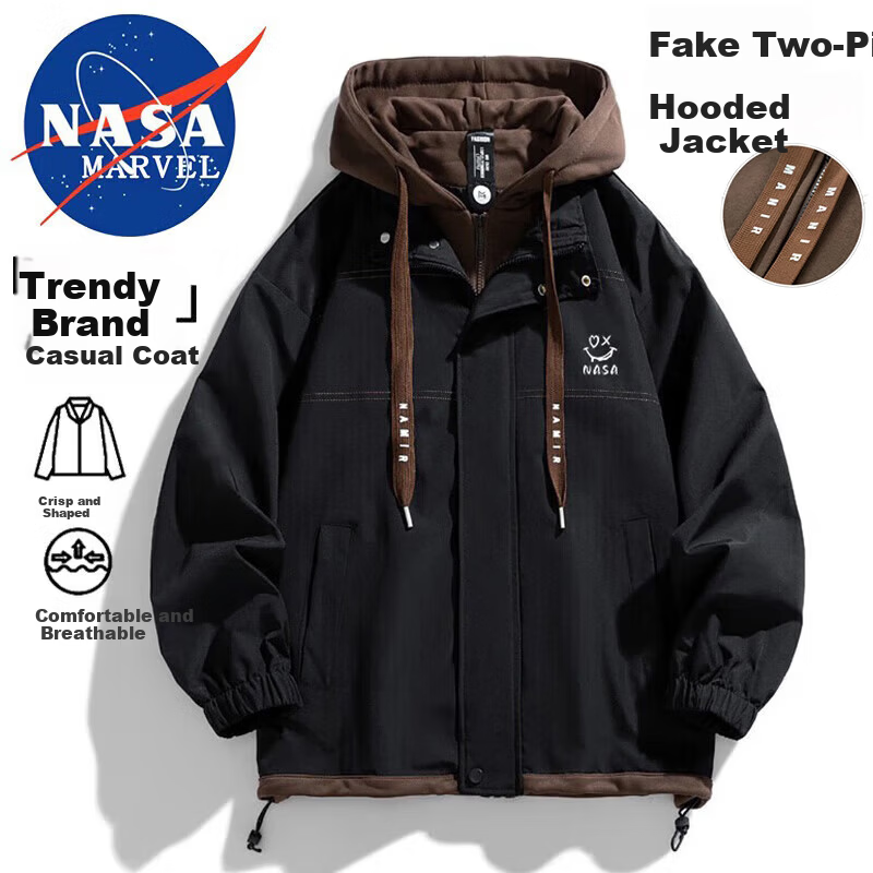 NASA MARVEL Men's Spring Autumn Jacket Hooded Breathable Fashion Windproof Loose Couple Outfit Black XL