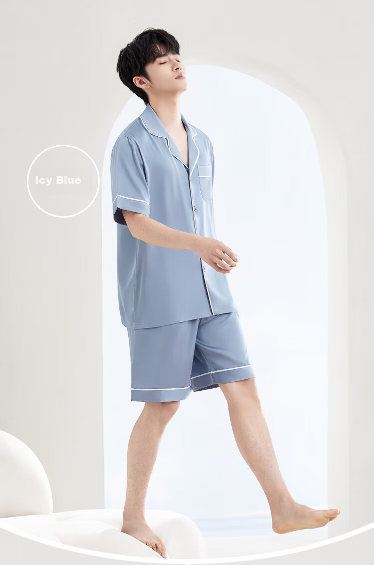 Hodo Home Ice Silk Men's Summer Short Sleeve Cardigan Pajama Set Men's Loungewear Imitation Silk Sleepwear Ice Blue 170/92A 12