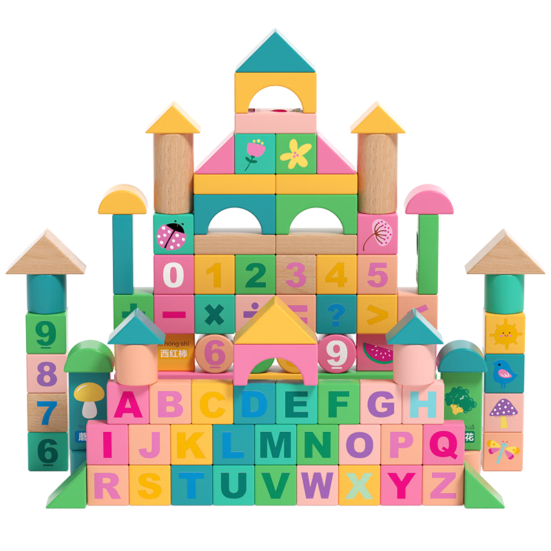 Yizhi Tree Solid Wood 102-Piece Large Block Alphabet Number Educational Building Toy Early Learning Teething Infant Toddler