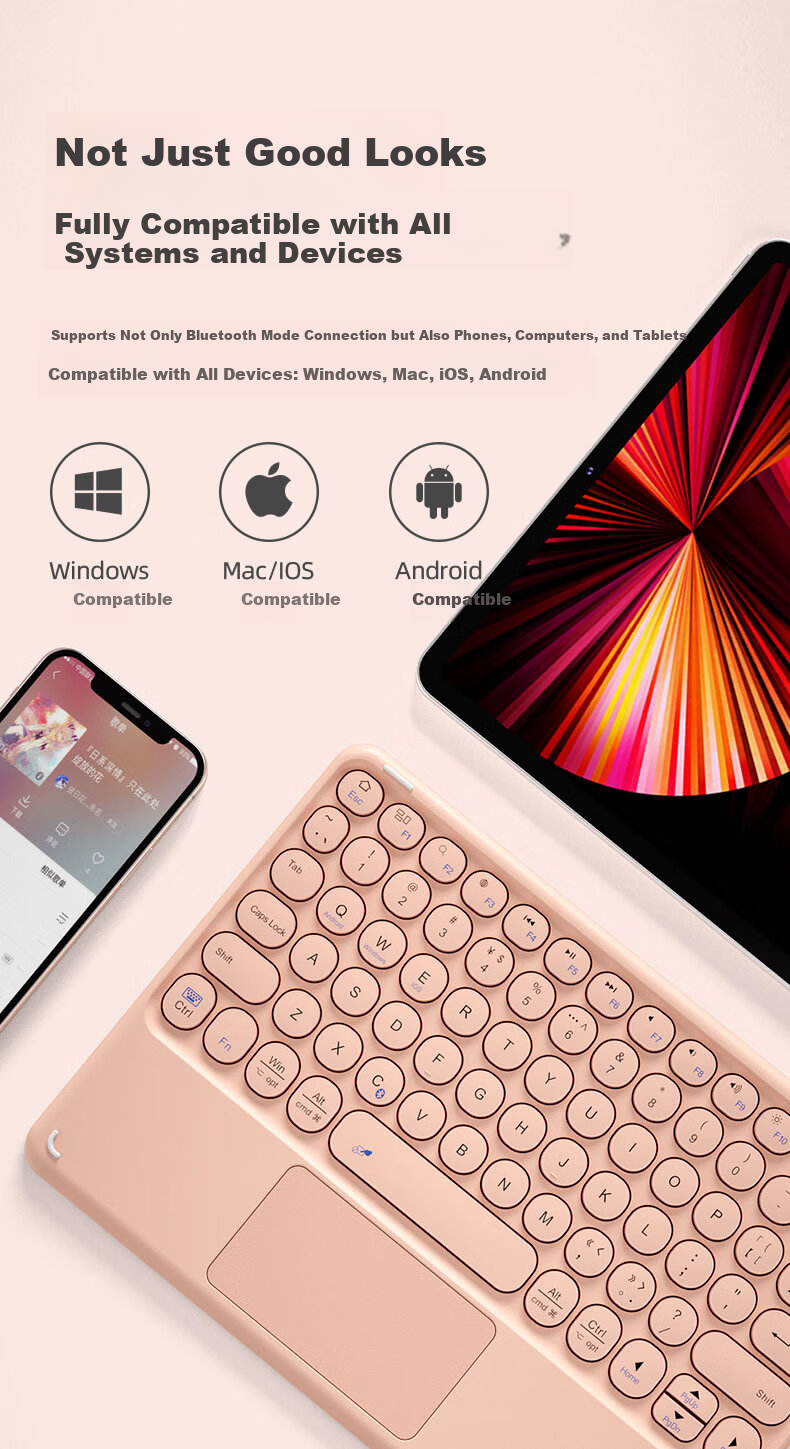 B.O.W Hangshi HB252 Ultra-thin Bluetooth Wireless Touch Keyboard for iPad Xiaomi Huawei Apple Tablet Mobile Laptop Silent Rechargeable Keyboard Pink 3