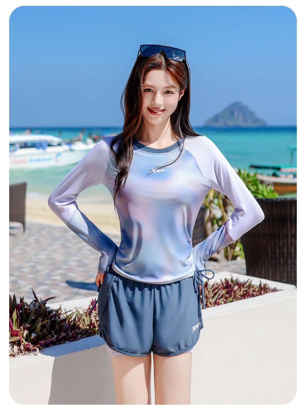Xtep Women's Long Sleeve Conservative Two-Piece Swimwear Set with Tankini and Boyshorts, Tummy Control, Slimming Beach Vacation Swimsuit 15