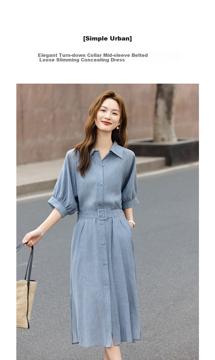 Demana [With Linen] Summer Simple Urban Lapel Mid-Sleeve Belted Loose Slimming Concealing Dress for Women High-End Feel 3