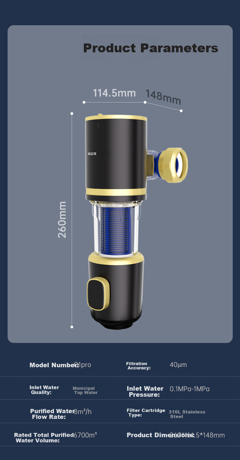 AUX Pre-Filter Universal Installation 10T Backwash Explosion-Proof Lead-Resistant Cold-Resistant Q1pro 11