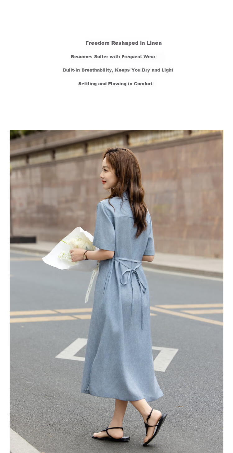 Demana [With Linen] Summer Urban Elegant V-Neck Loose Slim Fit Dress for Women High-End Feel 3