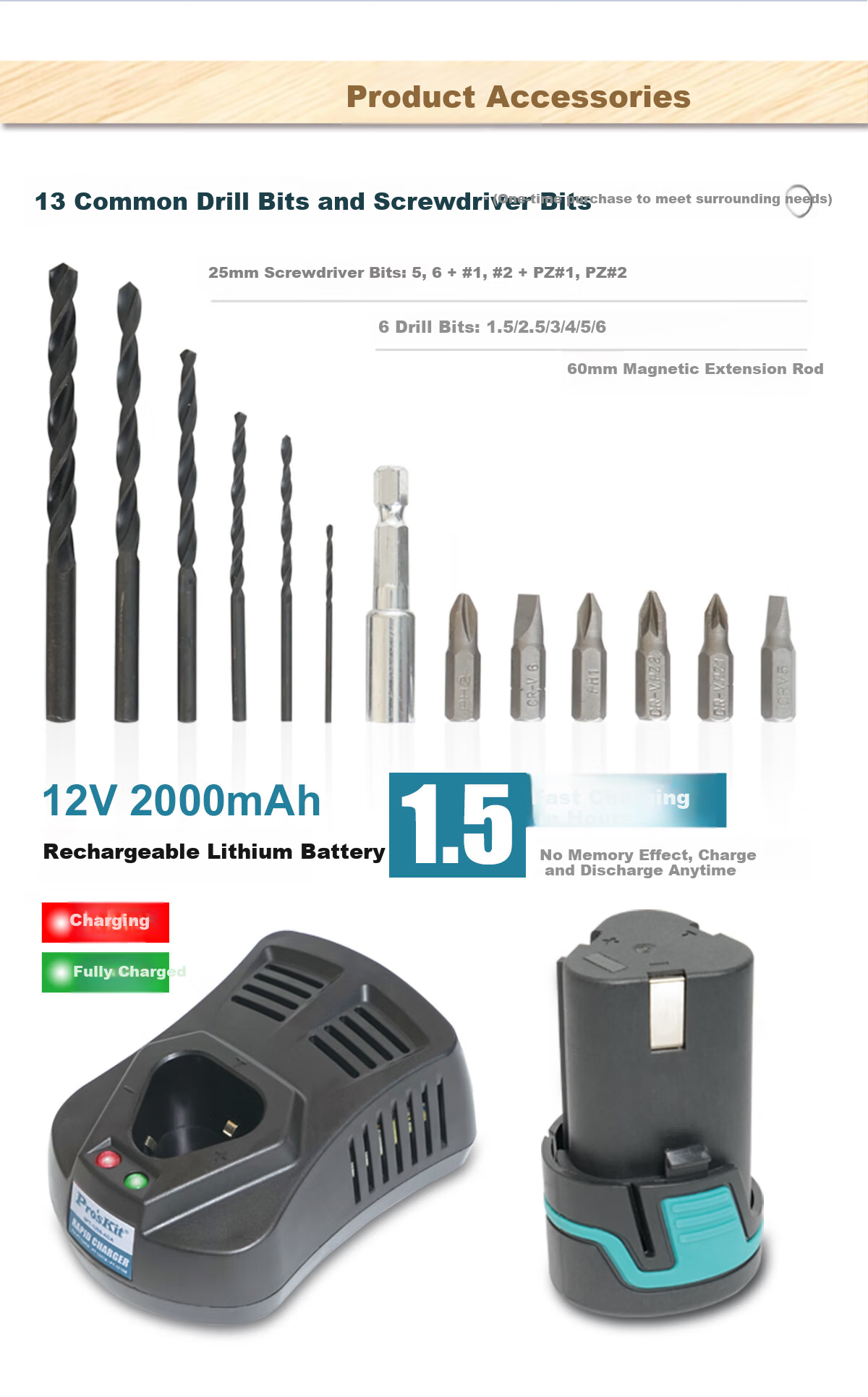 Pro'sKit 12V Cordless Brushless Electric Drill Screwdriver Impact Drill PT-1216G 7