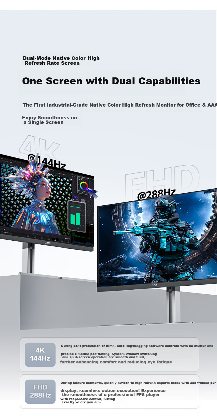 AOC 27-inch 4K 144Hz Dual-Mode FHD 288Hz HDR400 Type-C 96W Hardware Low Blue Light Mac Mini Energy-Saving Gaming Office Monitor U27U3XD 3