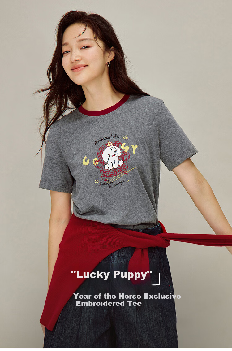 INMAN INMAN [Runway Style] Floral Contrast Color Round Neck T-Shirt, Summer Women's Regular Shoulder Short Sleeve Top, Dark Floral Gray, Size S 2