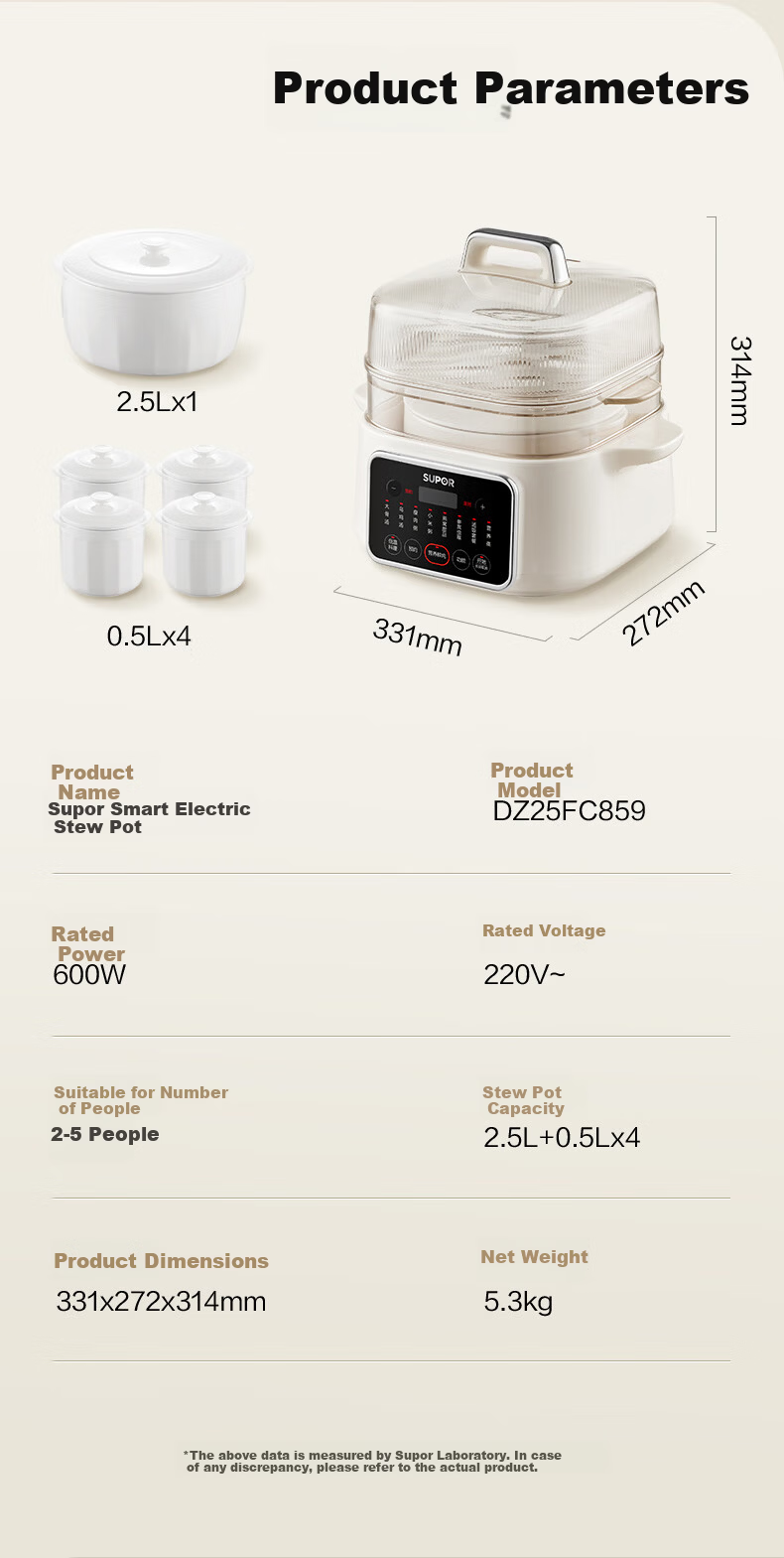 SUPOR Electric Stew Pot, Water Bath Stewing Cooker, Household Porridge and Soup Pot, Bird's Nest Stew Pot with White Ceramic Inner Pot, Steaming and Stewing DZ25FC859 2.5L Multifunctional Cooker 18