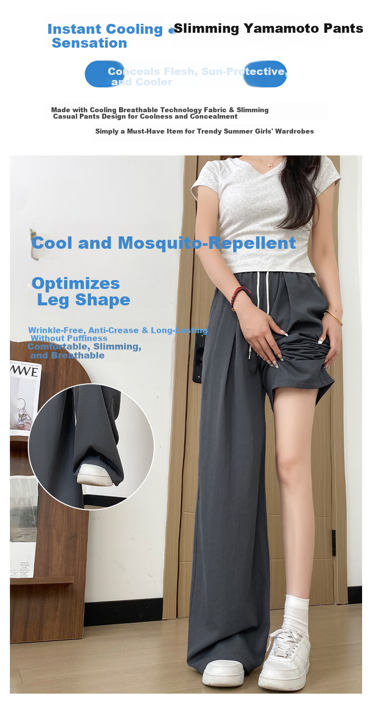 FitonTon Ice Silk Wide-Leg Pants for Women 2026 Summer Thin Draped Milk Fabric Yamamoto Style Loose Slim Casual Trousers 3