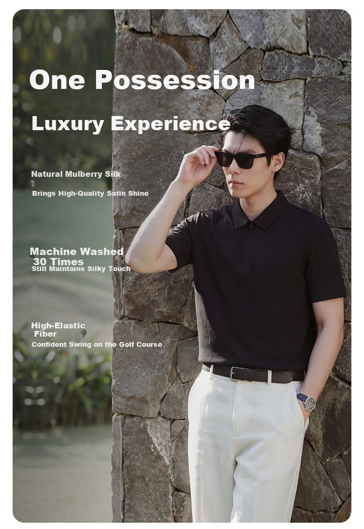 JD Jingzao Mulberry Silk Men's Polo Shirt Short Sleeve High-End T-Shirt Spring Summer Cool Business Casual Elegant Black Zipper M 2