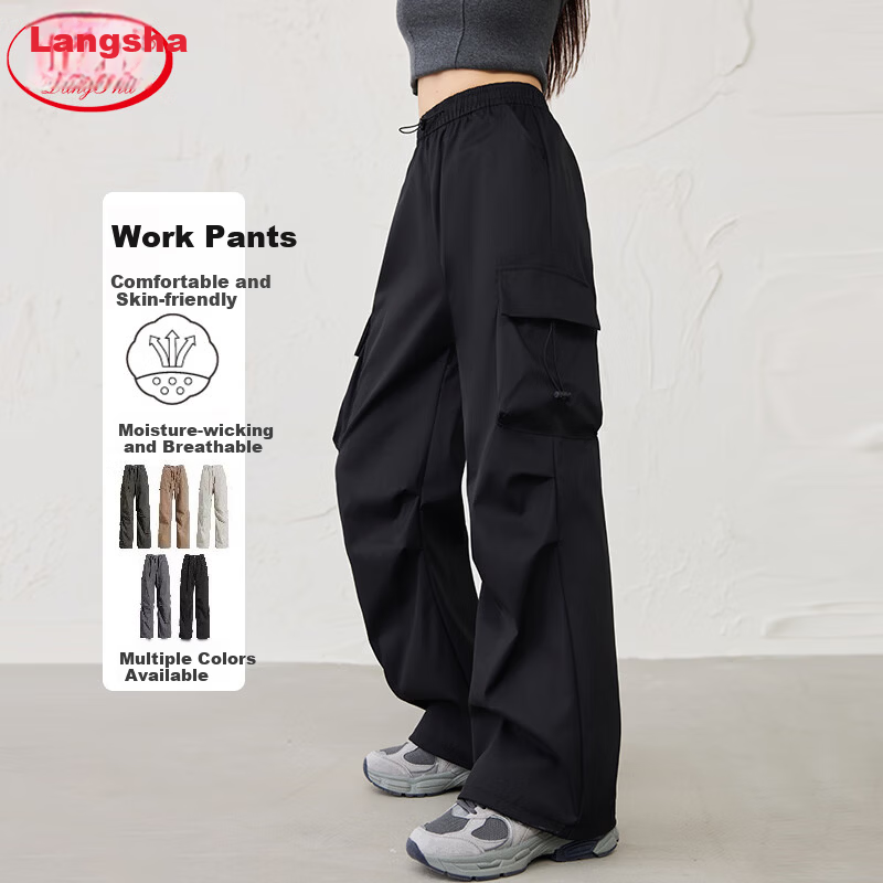 Langsha Women's American Style Parachute Work Pants Spring Summer Thin High Waist Wide Leg Loose Straight Casual Outdoor Sports Pants