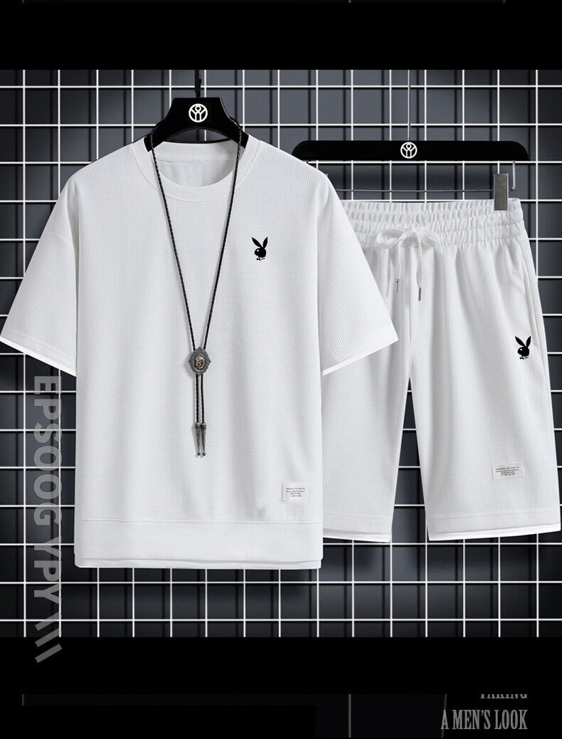 PLAYBOY Father's Day Gift Set Men's Summer Short Sleeve Casual Breathable Outdoor Sports Two-Piece Set with Shorts 4
