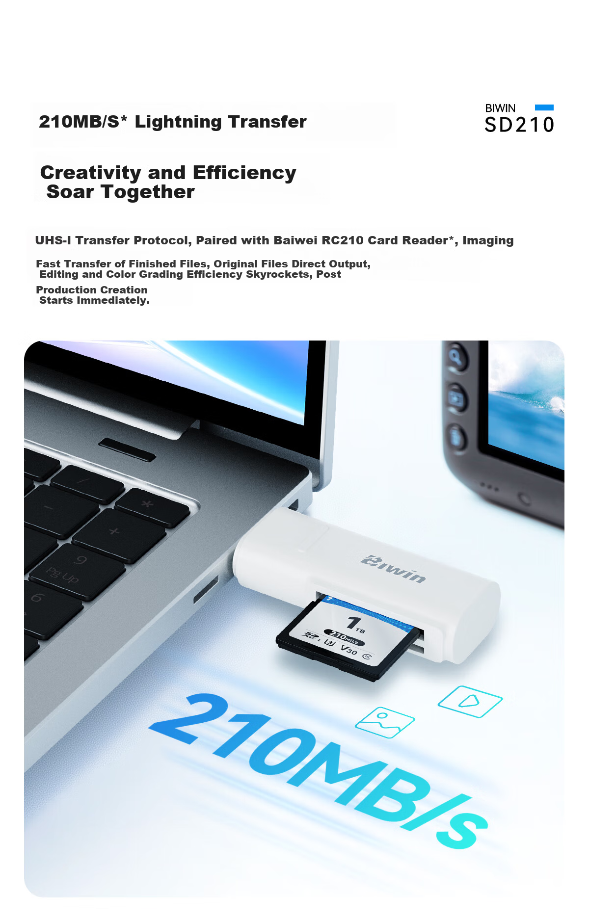 BIWIN 128GB SD Memory Card U3 V30 High-Speed Camera SD Card 4K Ultra HD Recording Read Speed 210MB/s Write Speed 70MB/s 5