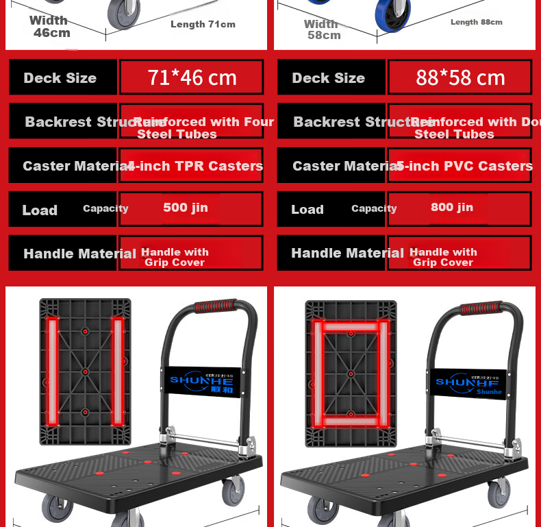 Shunhe Folding Flatbed Cart Hand Truck Trolley 70x47cm Double Tube Reinforced 4-Inch Wheels P500B-KM 8