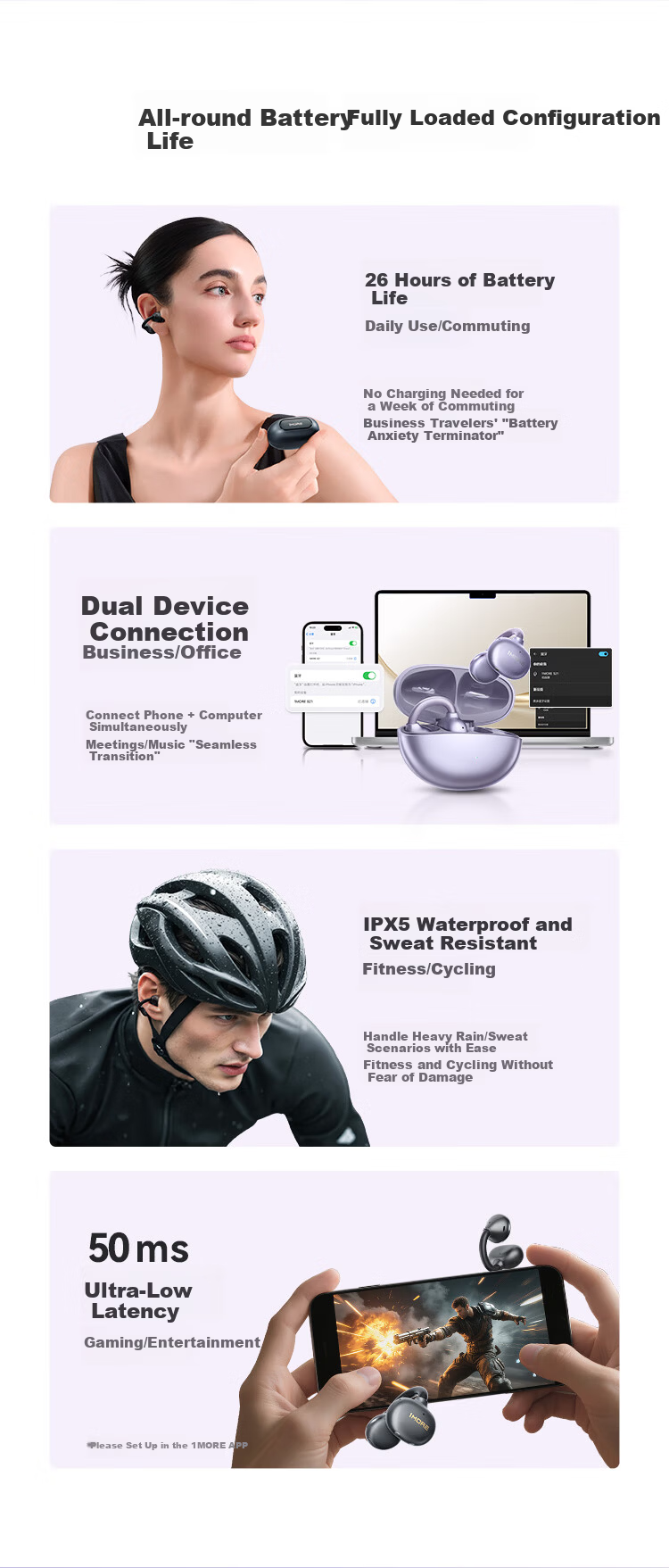 1MORE S21 Open-Ear Clip-On Bluetooth Earphones Bone Conduction AI Call Noise Cancelling Sports Headset for Huawei Xiaomi Apple Jay Chou Endorsed Matte Purple 15