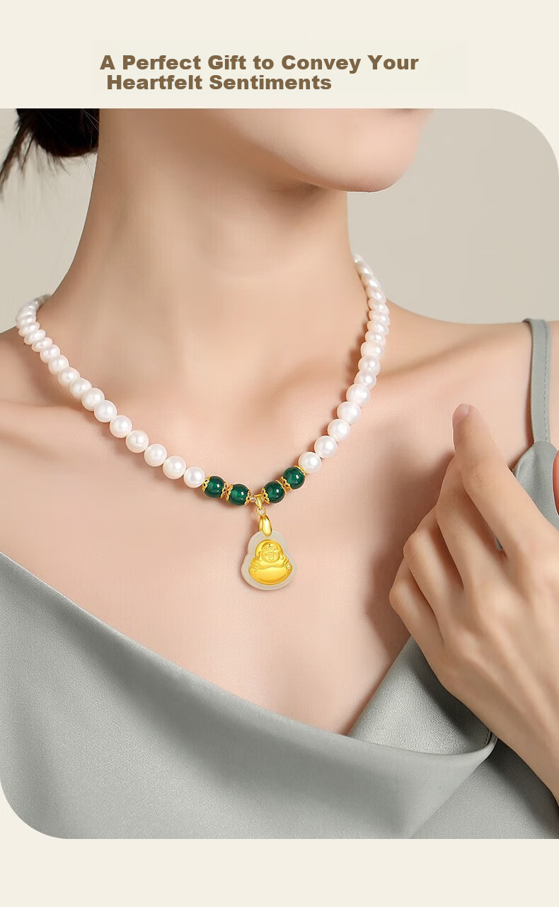 Chow Tai King Freshwater Pearl Necklace for Women, Gold Inlaid Jade Buddha Pendant, Mother's Day Gift for Mom and Elders, Birthday Present 17