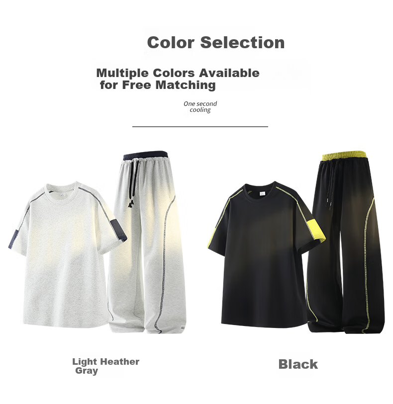 Wassup Sohot Men's Summer Sports Set Solid Color Crew Neck Short Sleeve T-Shirt Loose Fit Sports Pants Two-Piece Set Black XL 9