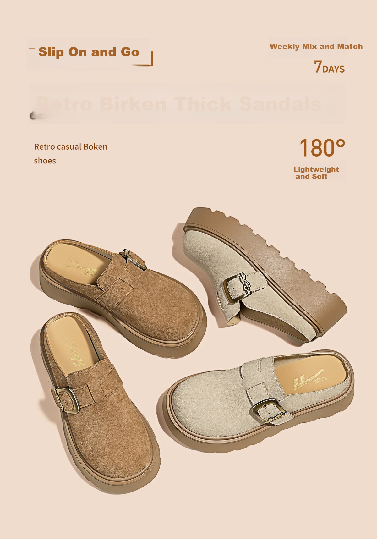 Huili Women's Shoes, Autumn And Winter Fashion Versatile Birkenstock Sandals, Thick-Soled Heightening Comfortable Non-Slip Casual Closed-Toe Slippers, Khaki, Size 38 1