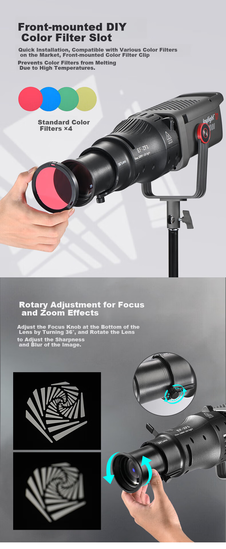 Jinbei EF-ZF2 (36° Lens) Focusing Spotlight Professional Imaging Lens LED Constant Light Optical Effect Spotlight Photography DIY Artistic Shaping Light Effect Background Photography 7